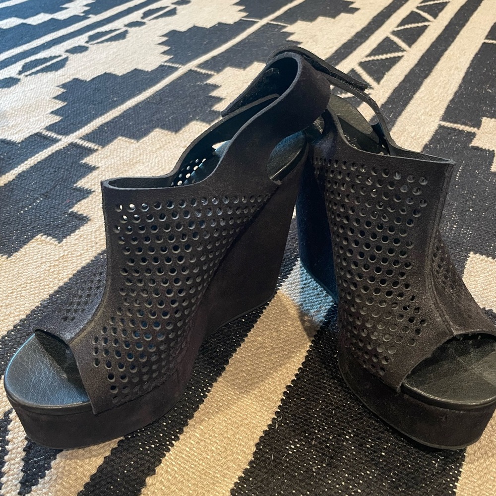 Pedro Garcia high black perforated suede wedges! Size 38.5 (US 8.5)